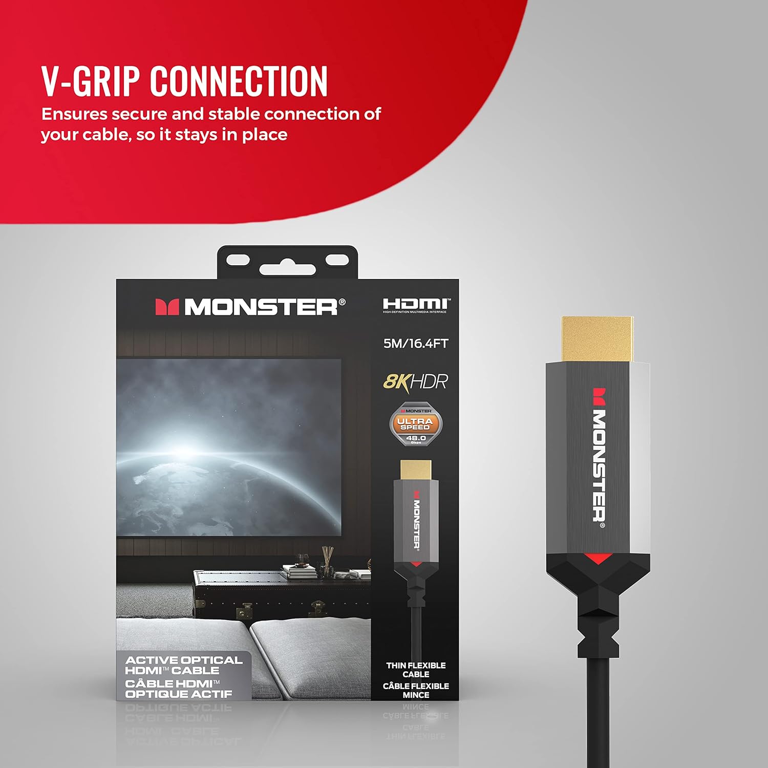 Monster Essentials HDMI 2.1-48 Gbps Active Optical Cable Featuring Aluminum Extrusion Connector - Supports 8K @ 60HZ, 4K @ 120HZ, Premium Certified, V-Grip, 15 Meters
