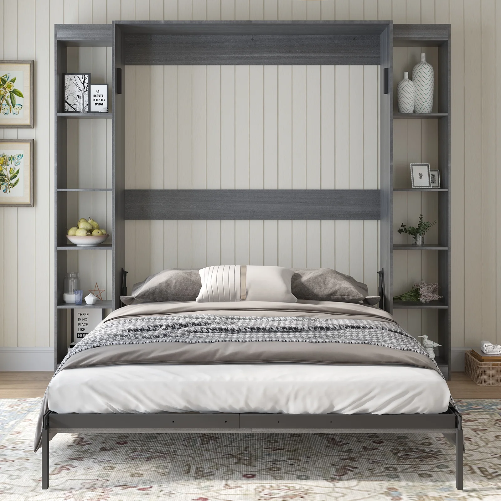 MUZZ Foldable Murphy Bed with 2 Sides Cabinet, Folding Wall Bed with Space Saving Design, Fold up Murphy Bed Cabinet for Storage, Multipurpose Cabinet Bed for Bedroom/Apartment (Style6+2,Dark Grey)