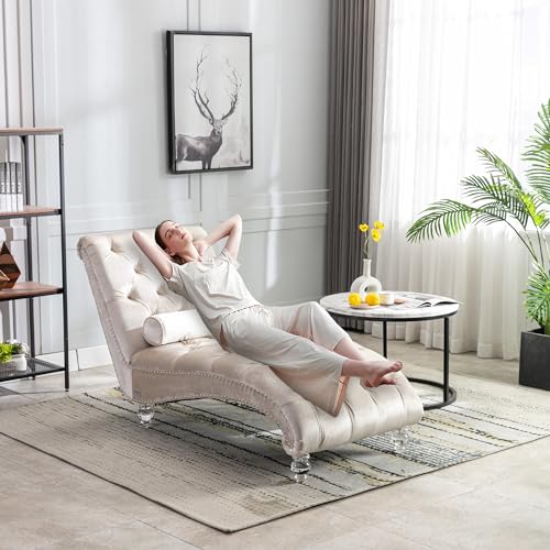 White Faux Fur Chaise Lounge Chair Indoor for Living Room Bedroom, Armless Upholstered Lounge Chair with Clear Legs & Rivet Decor, Indoor Sleeper Chair Curved Cushion Fabric Chairs