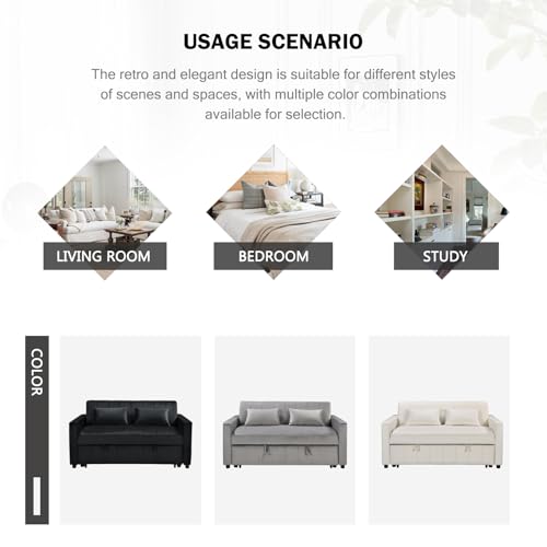 Convertible Sleeper Sofa Bed, 55.51" Modern Velvet 3-in-1 Futon Couch, Pullout Bed with Adjustable Backrest, Storage Pockets and Toss Pillows for Living Room, Bedroom (Black)