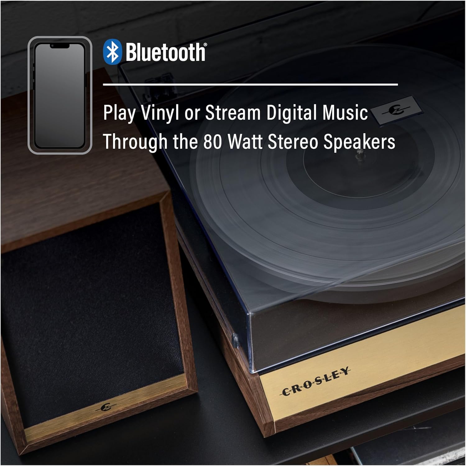 Crosley C72 2-Speed Belt-Drive Bluetooth Turntable Record Player with 80W Speakers and Carbon Fiber Tonearm, Walnut