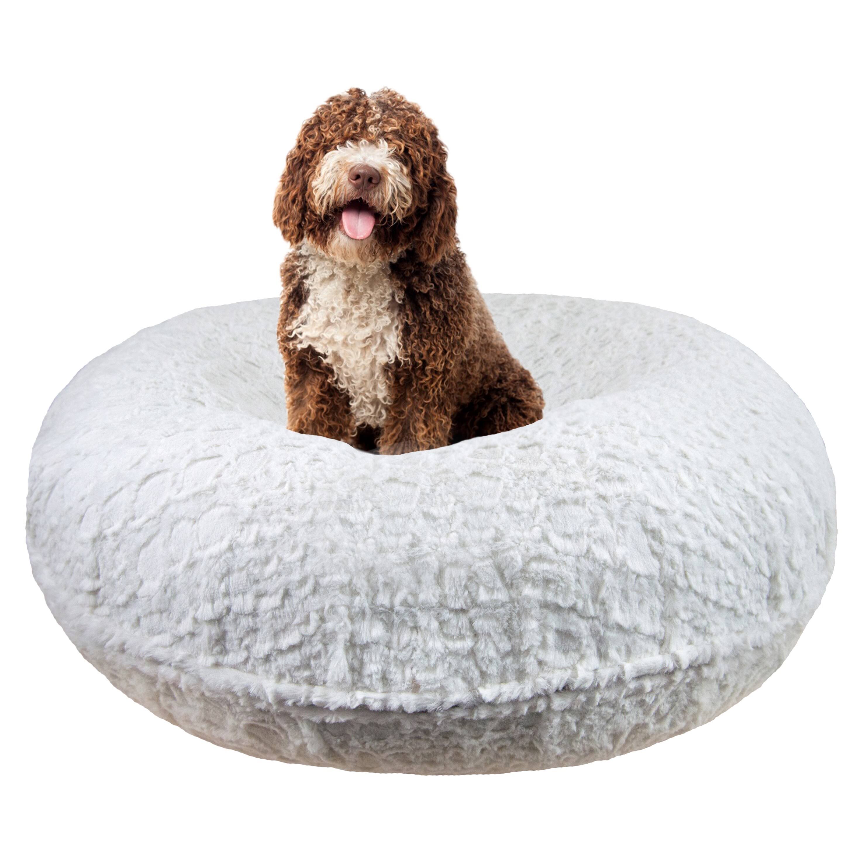 Bessie and Barnie Signature Serenity White Luxury Extra Plush Faux Fur Bagel Pet / Dog Bed - XL - 50x22