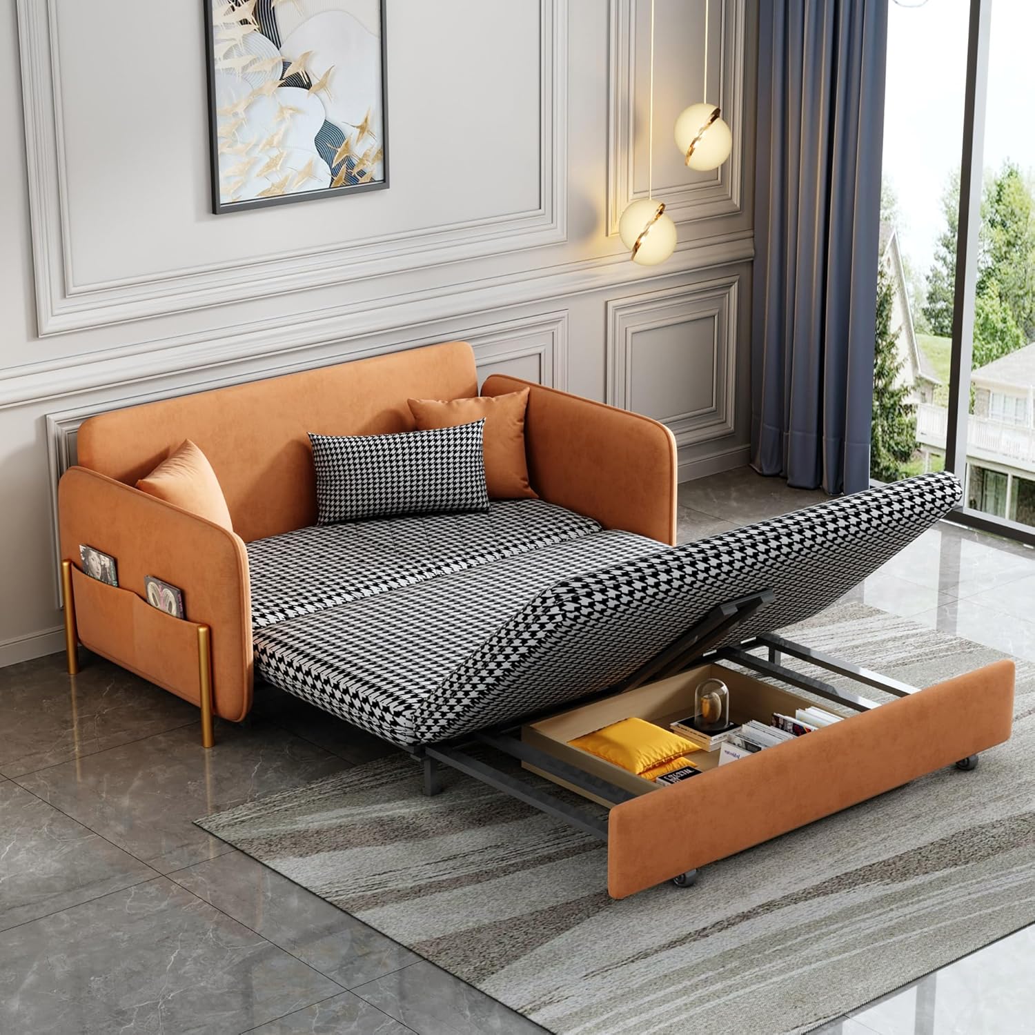 53.5" Full Sleeper Sofa Orange Upholstered Convertible Sofa Bed 3 in 1 Sleeper Sofa Couch Bed, Small Tufted Velvet Convertible Loveseat Futon Sofa w/Pullout Bed, Multi-Pockets for Living Room