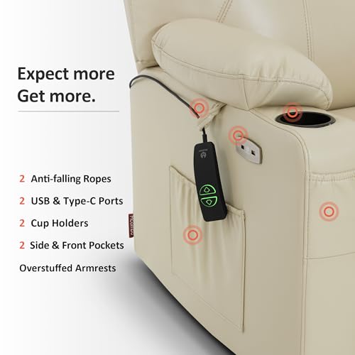 MCombo Power Lift Recliner Chair for Elderly, Lift Chair with Heat and Massage, FSC Certified, USB Ports, Cup Holders, Faux Leather 7040 (Black, Medium)