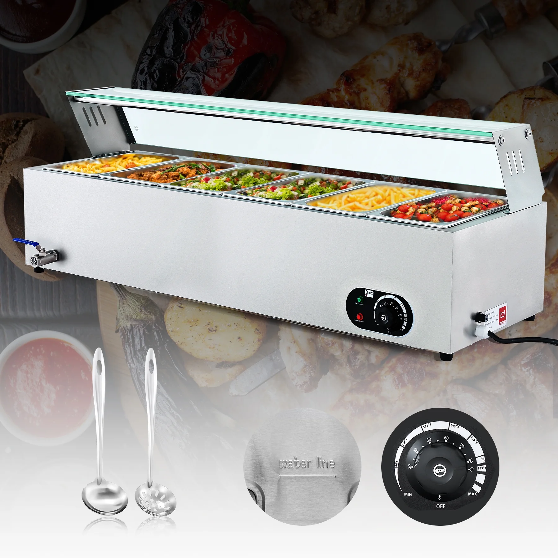 Wilprep Commercial Food Warmer 1200W Bain Marie Food Warmer with 6 Stainless Steel Pans