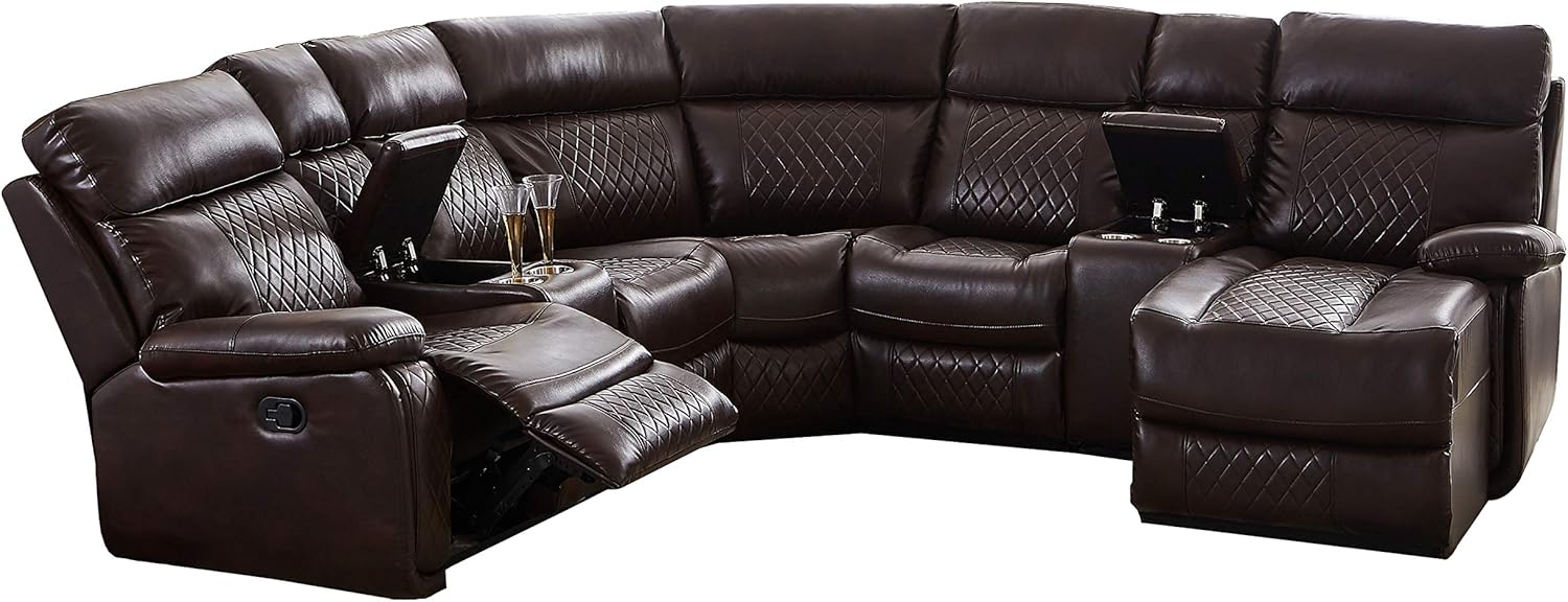 Living Room Manual Motion Upholstered Sectional, L Shape PU Leather Corner Reclining 4 Cup Holders and Storage Boxs for Villa Home Apartment Furniture, Brown Havery Duty Sofa & Couch