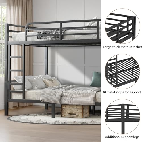 Twin XL Over Twin XL Bunk Bed, Metal Bunk Bed Frame Heavy Duty Bunk Beds Loft Bed Frame with Ladder and Guardrail Metal Slats No Box Spring Required for Adults Teens, Black