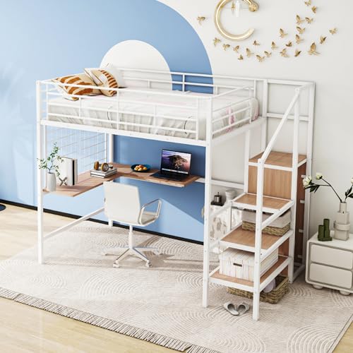 Bellemave Full Size Loft Bed with Desk and Storage Stairs, Full Loft Bed with Storage Stairs/Ladder, Loft Bed Full Size for Adults, Kids, Teens Metal, Black