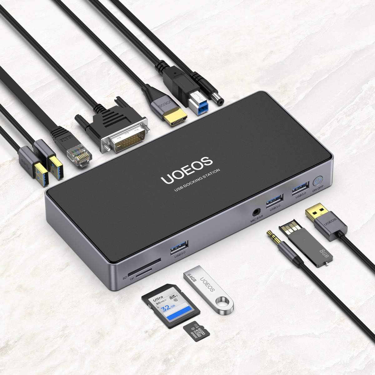 UOEOS USB 3.0 Universal Docking Station Dual Monitor for Windows, Chrome OS, Mac OS USB 3.0 HUB HDMI and DVI 3.5mm Audio Jack Port, SD TF Card Reader, Gigabit Ethernet, Audio&Mic,laptop docking sation