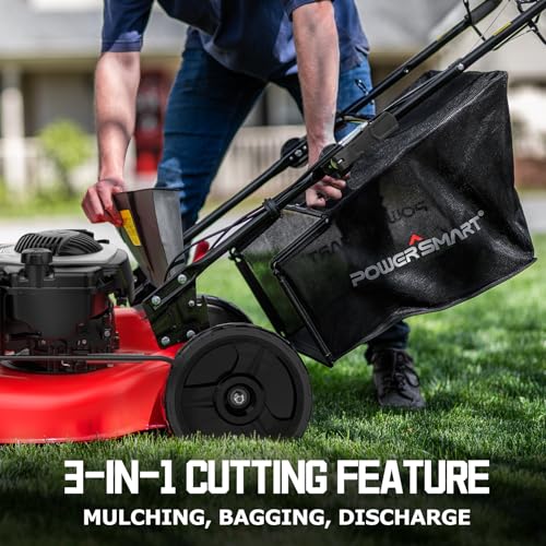 PowerSmart Gas Lawn Mower with Briggs and Stratton EX550 140cc Engine, ReadyStart System 21-Inch Steel Deck 3-in-1 Mulch, Bag, Side Discharge, 10-Inch High Rear Wheels