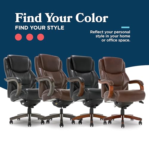 La-Z-Boy Delano Big & Tall Executive Office Chair, Ergonomic Mid-Back Body Pillow Lumbar Support, ComfortCore Memory Foam Cushion, Mahogany Wood Arms & Swivel Base, Bonded Leather, Chestnut Brown