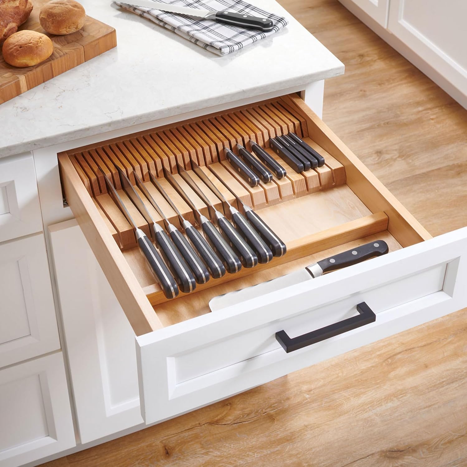 Rev-A-Shelf Dual Row Trim To Fit Knife Block Drawer Organizer with Storage Holder for Kitchen Utensils, 55 Slot Cutlery Tray, Wood, 4WDKB-1