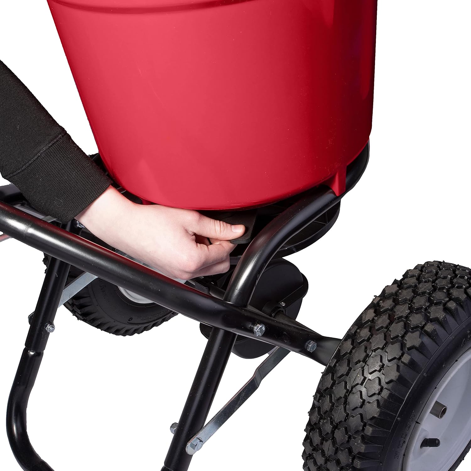 Earthway Even Spread 2150 Commercial 50 LB Broadcast Fertilizer Spreader. Red, Heavy-Duty Walk-Behind Push Garden Seeder with Adjustable Drop Rate and Driving Handle. Large 13 inch Pneumatic Stud Tires