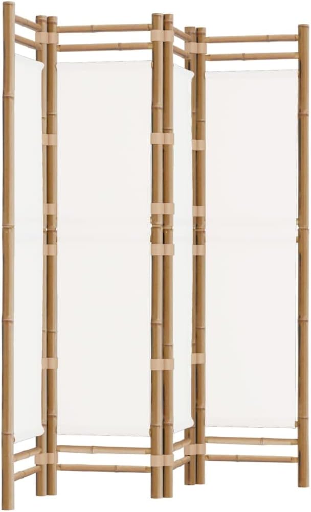 Folding 4-Panel Room Divider 63" Bamboo and Canvas,Bamboo Room Divider for Privacy and Style, Foldable Partition for Any Room, Cream White Furniture for Bedroom