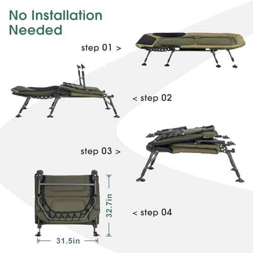 XL Folding Camping Cot with Mattress for Adults, Oversized Camping Bed with Carry Bag, 180° Adjustable Recliner, Portable Outdoor Lounger for Camping, Hiking, Outdoor, Green