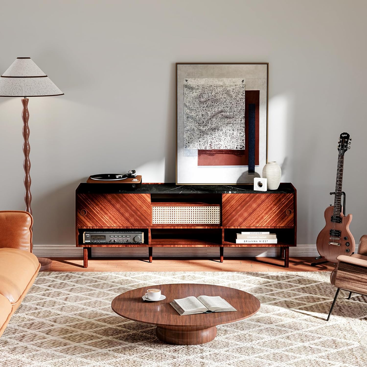 TV Stand for 75+ Inch TV, Mid Century Modern TV Stand with Rattan Drawer,Entertainment Center with Storage, Large Media TV Console, 67 inch Long Television Stand for Living Room,Walnut
