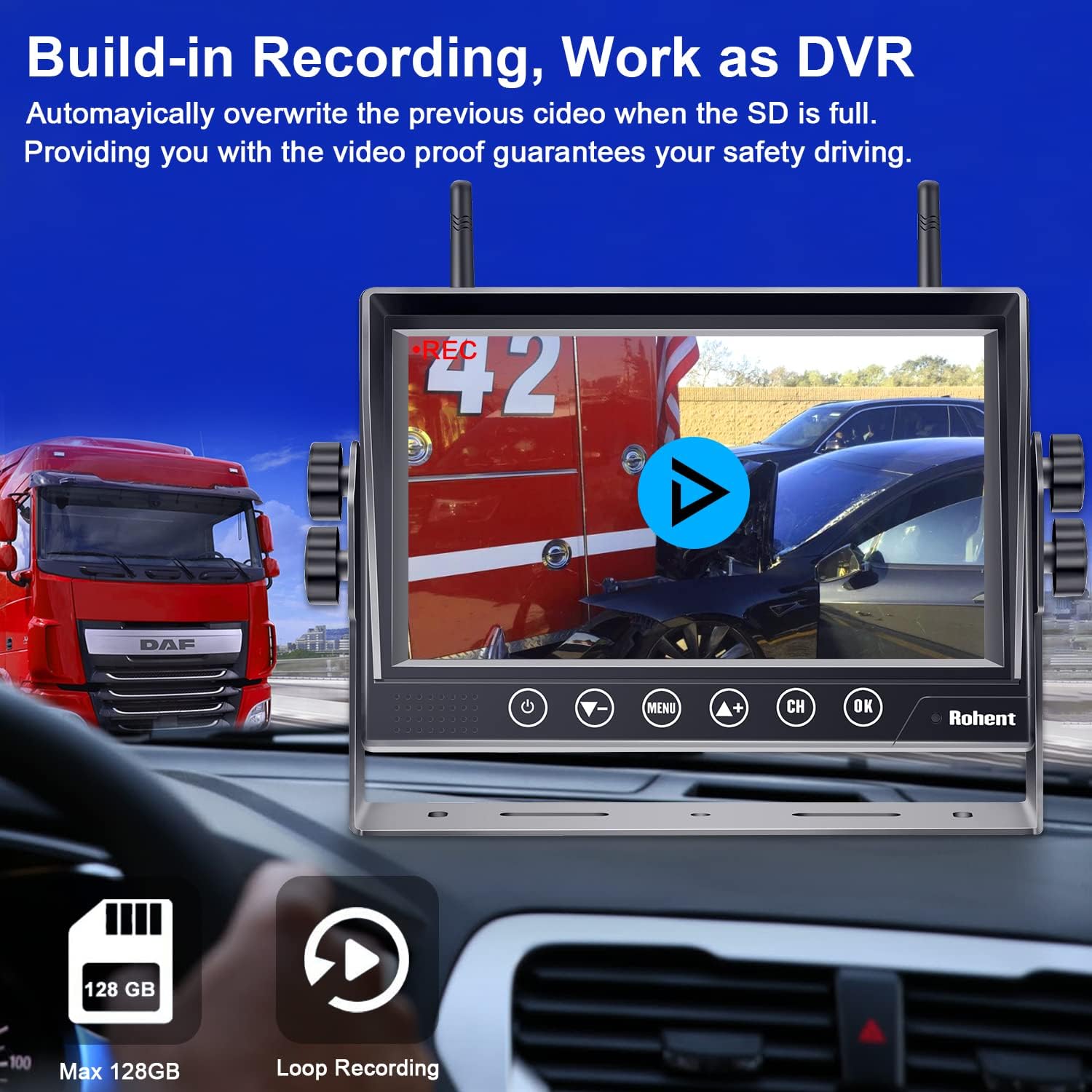 RV Backup Camera Wireless HD 1080P Waterproof Digital Signals Rear View System for Trailers Trucks Motorhomes 4 Channels 7'' DVR Monitoring Night Vision Rohent R12