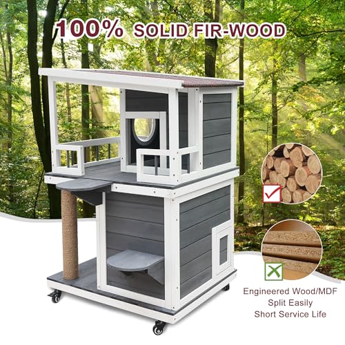 Rockever Outdoor Cat House, Large Outdoor Houses for Feral Cats Wooden Outside Cat Shelter Weatherproof with Escape Door