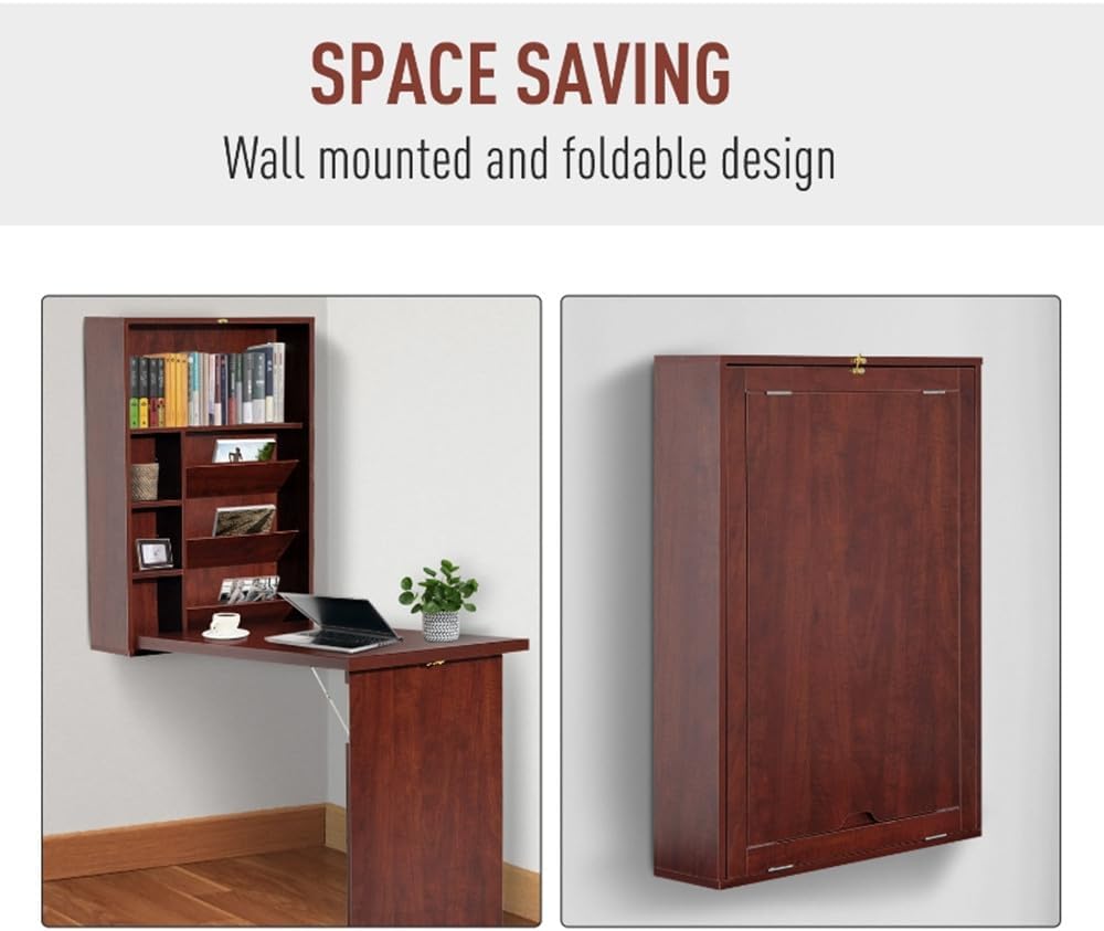 Wall Mounted Desk, Fold Out Convertible Floating Desk, Space Saving Computer Desk Hanging Table with Storage Area,Mahogany