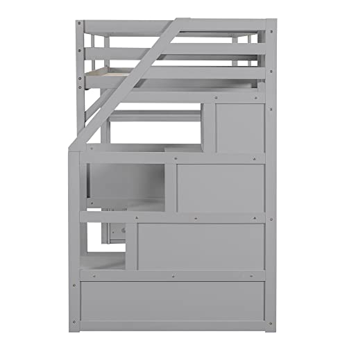 Full Size Loft Bed with Built-in L-Shaped Desk and Bookshelves, Solid Wood Loft Bed Frame with Safety Guardrail and Storage Staircase,Save Bedroom Space for Kids and Teens. (Grey~N)