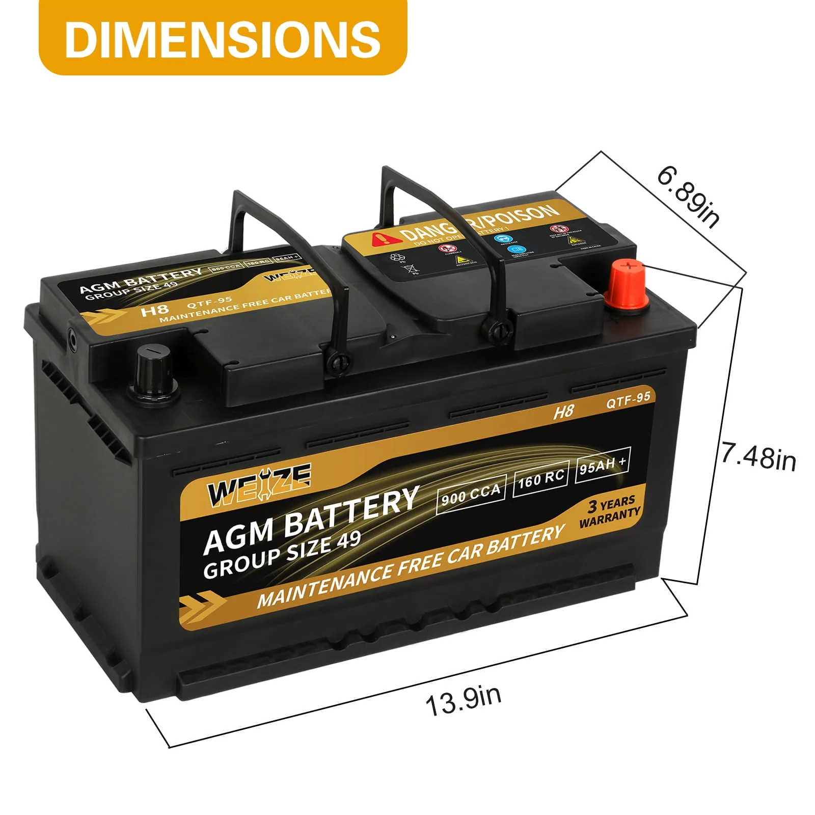 Weize Platinum AGM Automotive Battery,  Group 94R H7 Battery- 12v 80ah 140RC 850CCA, 36 Months Warranty