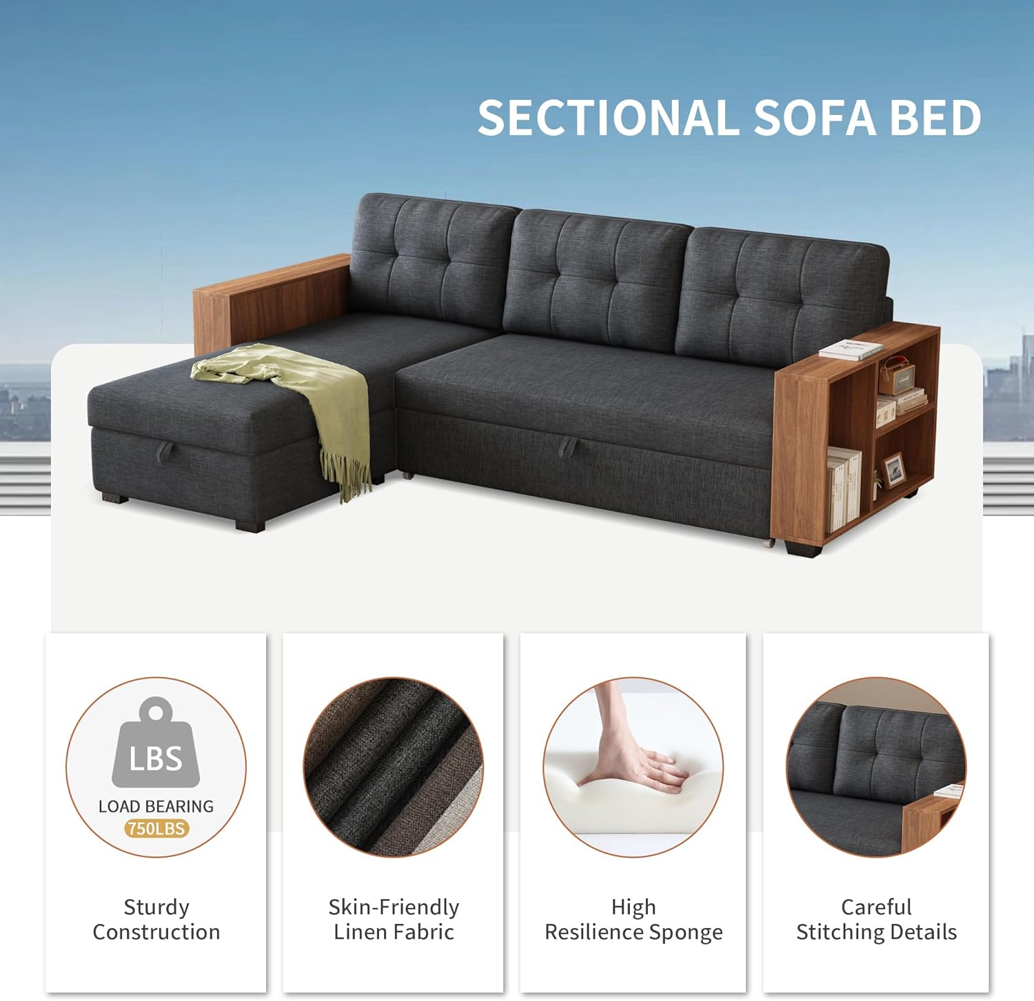 84" Pull Out Sectional Couch with Storage Chaise,L-Shape Upholstered Reversible Sofa Bed W/Hidden Wood Shelf Armrests,Linen Corner Sleeper for LivingRoom Office Apartment,Dark Grey