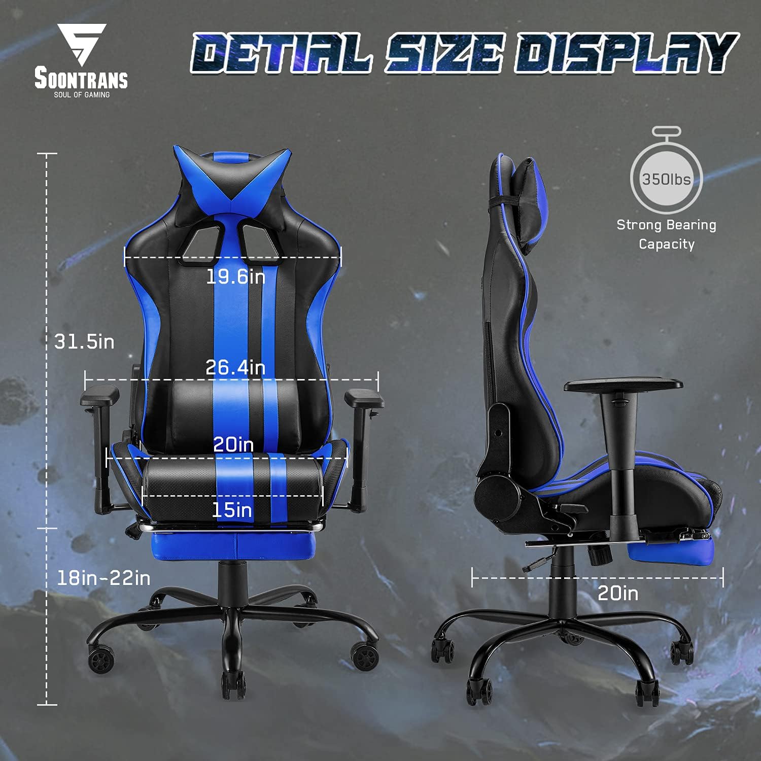 Soontrans Gamer Chair Gaming Chair Lumbar Support Office Chair with Footrest Recling Racing Chair Ergonomic Desk Chair with Headrest Armrest Support for Adults Men Women Teens(Royal Blue)