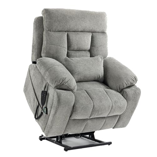 Light Grey Recliner Chair for Elderly | Tall and Big Man 400lbs | Chenille | Power Lift, Lay Flat, Stand Up, Wireless Charging Device, Extended Footrest, Massage Heat, Cup Holder, Lumbar Pillow