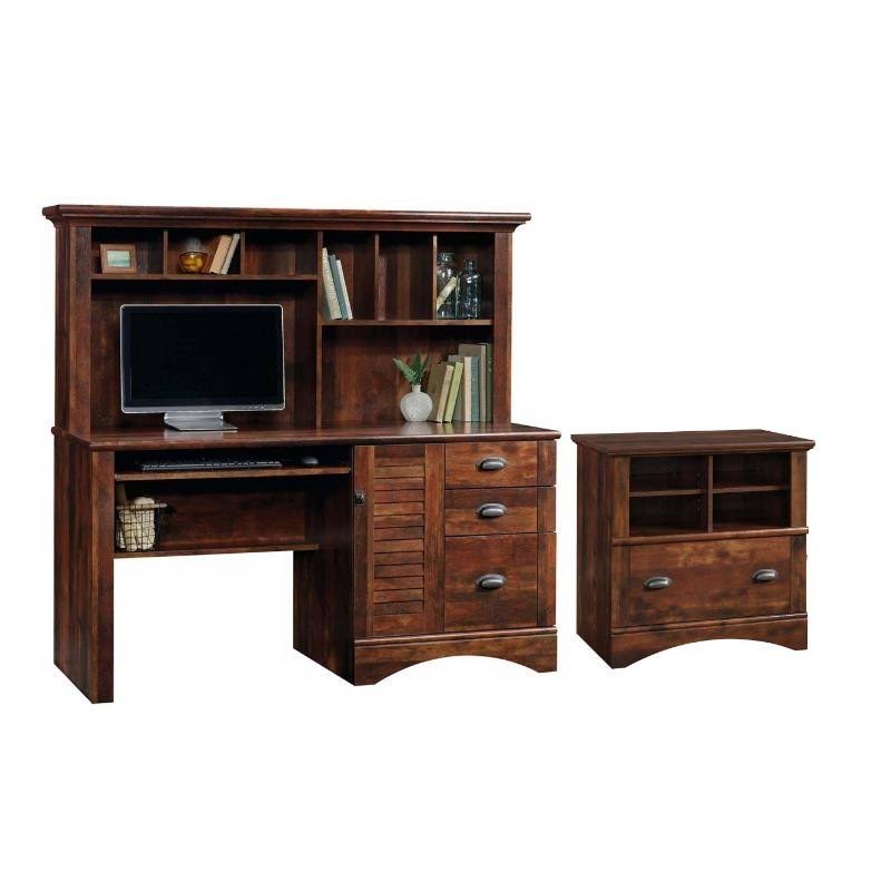 Sauder Harbor View 2 Piece Computer Desk with Hutch and File Cabinet Set in Cherry
