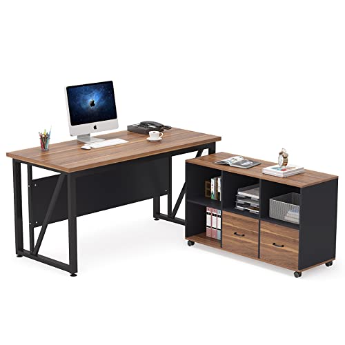 Tribesigns 63 inches Executive Desk and 47" lateral File Cabinet, L-Shaped Computer Desk Home Office Furniture Set with Drawers and Storage Shelves, Office Table with Cabinet (walnut+White, 63)