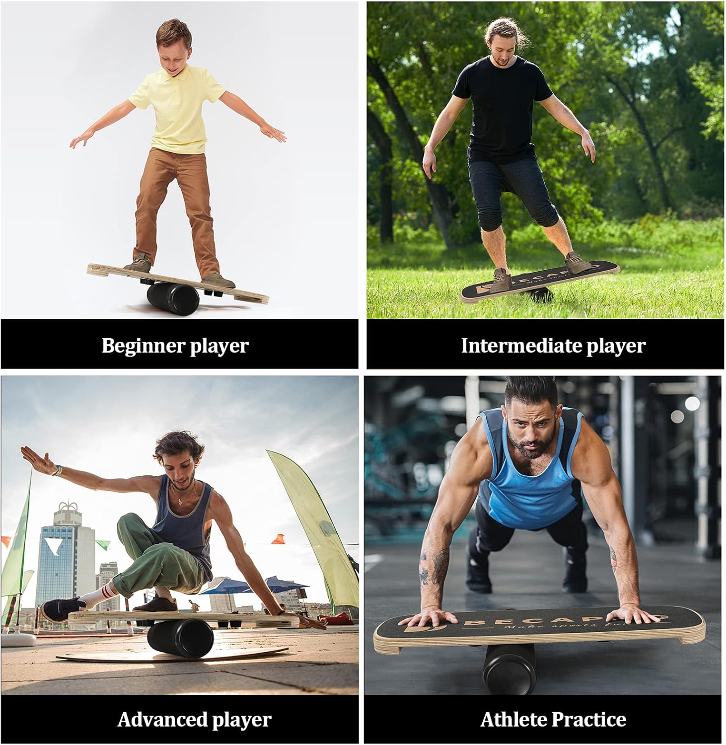 BECAPRO Balance Board Trainer, Wooden Balance Board with Adjustable Stoppers -3 Different Distance Options-Balance Exercise Equipment for Fitness Workout, Hockey‎, Surfing, Skateboarding and Snowboarding