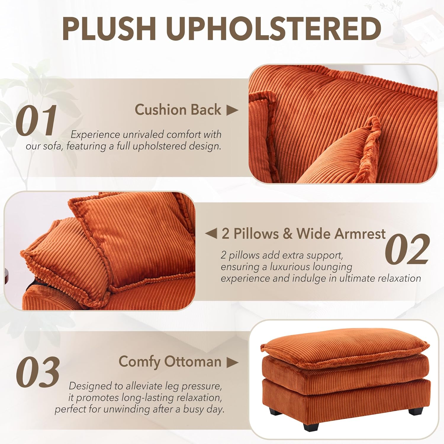 56.3'' Oversized Chaise Lounge Indoor, Wide Corduroy Single Sofa Chair with Ottoman, Plush Upholstered Deep Seat, Lazy Sleeper Sofa for Living Room, Apartment, Salon, Home Theater, Orange
