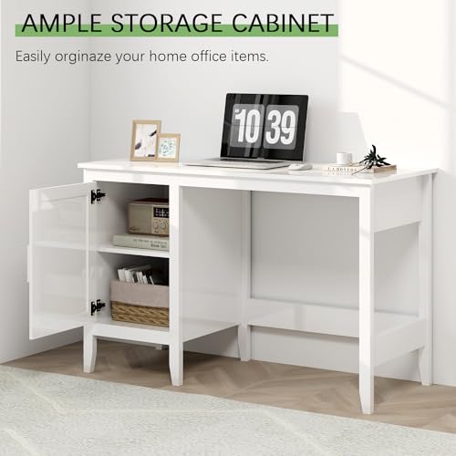 47" Executive Desk,Farmhouse Computer Desk with Drawers and Cabinet，Wood Home Office Desk，Rattan Wicker Desk for Bedroom, White