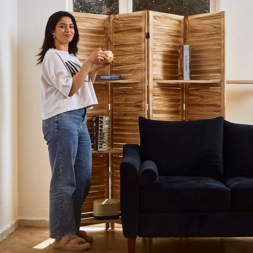 Room Divider with Shelves, 5.6 Ft Tall Folding Wood Screen with Double Hinges for Home Office Bedroom Hotel Decoration (6 Panels, Brown)