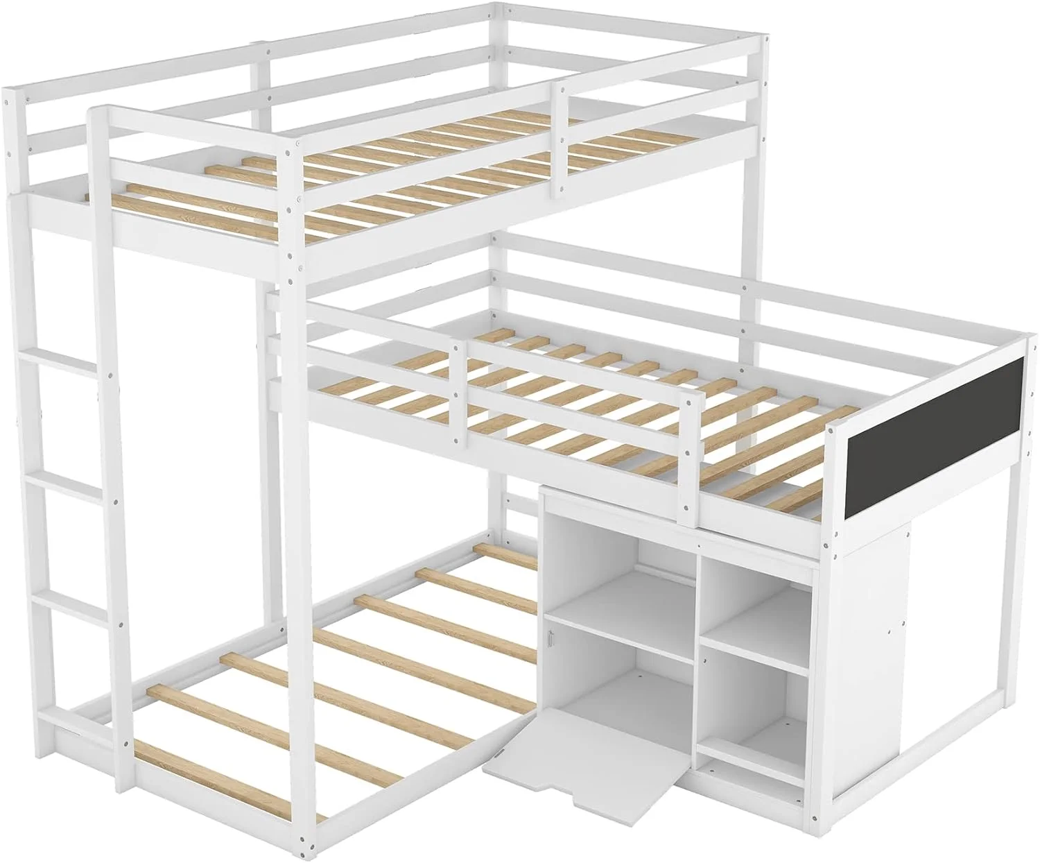 Size Triple Bunk Beds L-Shaped Bunk Beds With Cabinet, Blackboard And Ladder, 3 Bed In 1 Triple Bed Soli Wood Triple Bed For Kids And Teens (White)