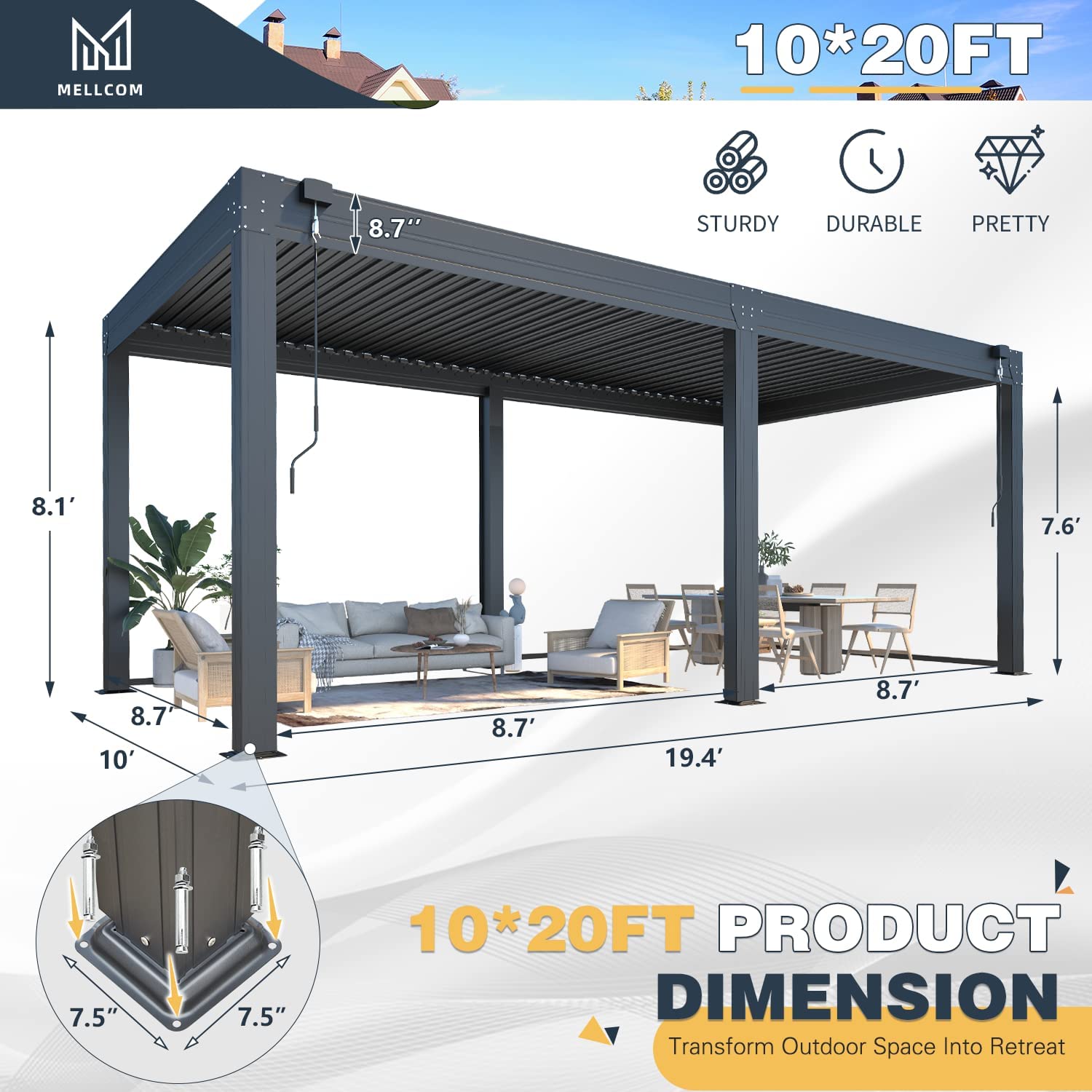 Richryce 10'×20' Aluminum Louvered Pergola with 6-Panel Pull-Down Privacy Screen, Hardtop Rainproof Pergola with Adjustable Roof for Patio, Lawn & Garden