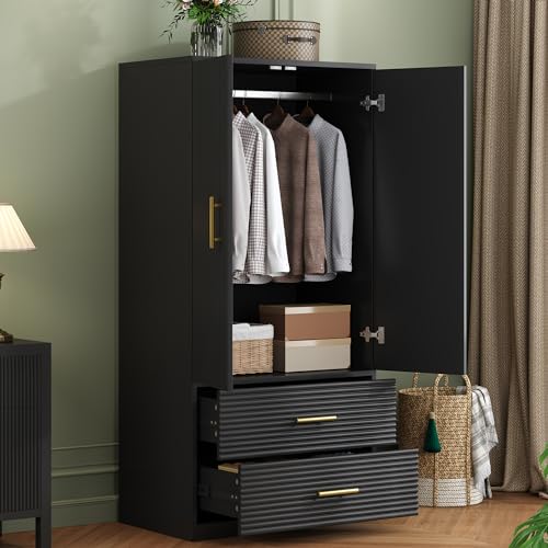 Armoire Armoire Wardrobe Closet with 2 Wave Doors, Storage Closet Cabinet with 2 Drawers, Hanging Rod, Freestanding Wooden Closet for Bedroom(White)
