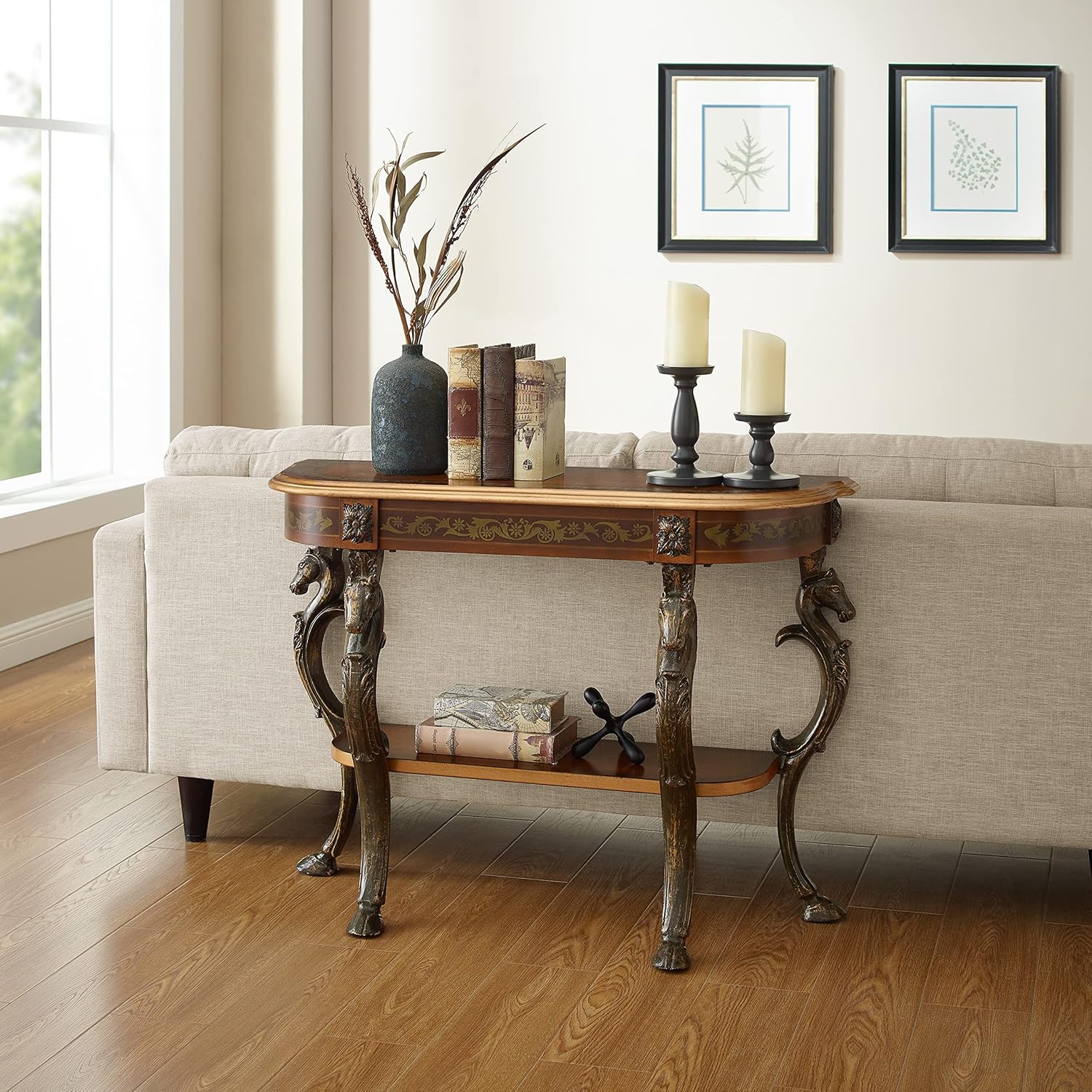 Powell Furniture Masterpiece Floral Demilune Powell Console Table, Brown and Gold 42 x 31.5 x 15.5