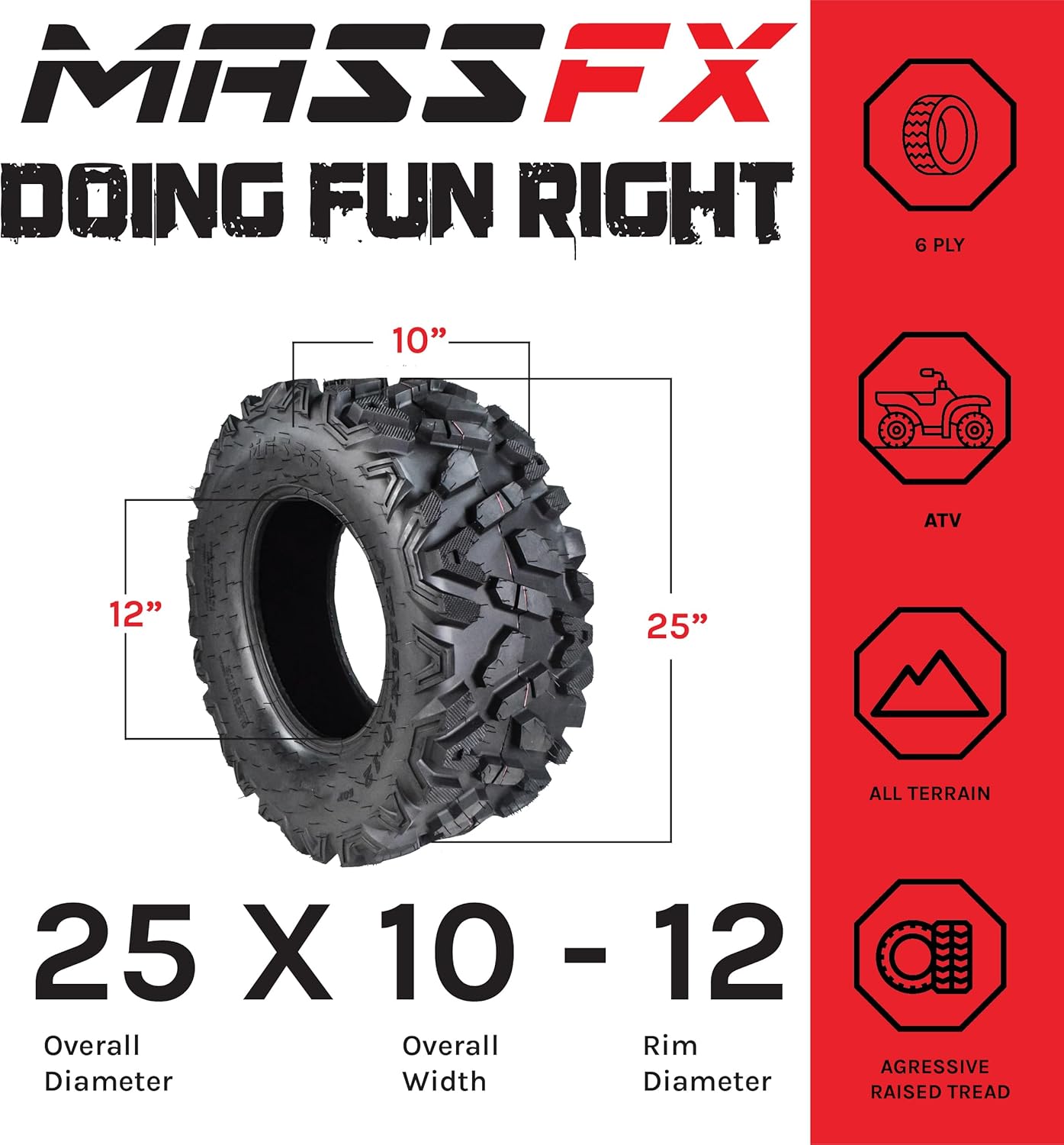 4 New 25x8-12 25x10-12 KT MASSFX ATV UTV all-terrain Tire Set 6 PLY 25" 25x8x12 25x10x12 Tubeless Tires