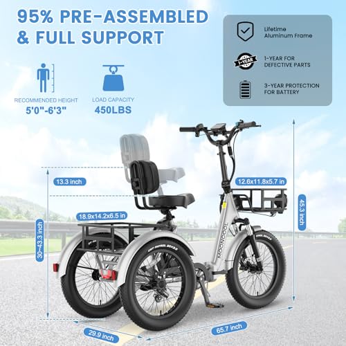MOONCOOL Electric Trike, Electric Tricycle for Adults, 20" Folding 3 Wheels Electric Bicycle Bikes, 48V 500W/750W Motorized Electric Ebike with Aluminum Frame, Removable Battery and Basket