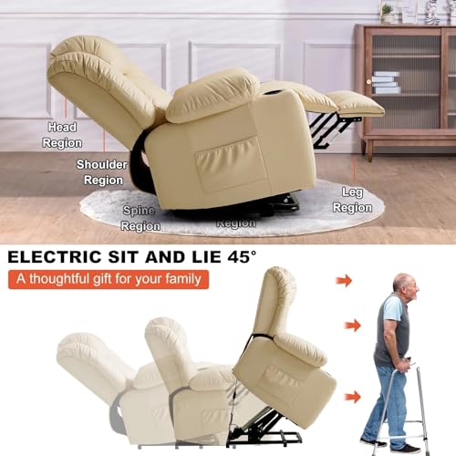Large Power Lift Recliner Chair Recliners for Elderly, Infinite Position Recliner Chair with Heat and Massage, Breathable Leather(Beige)