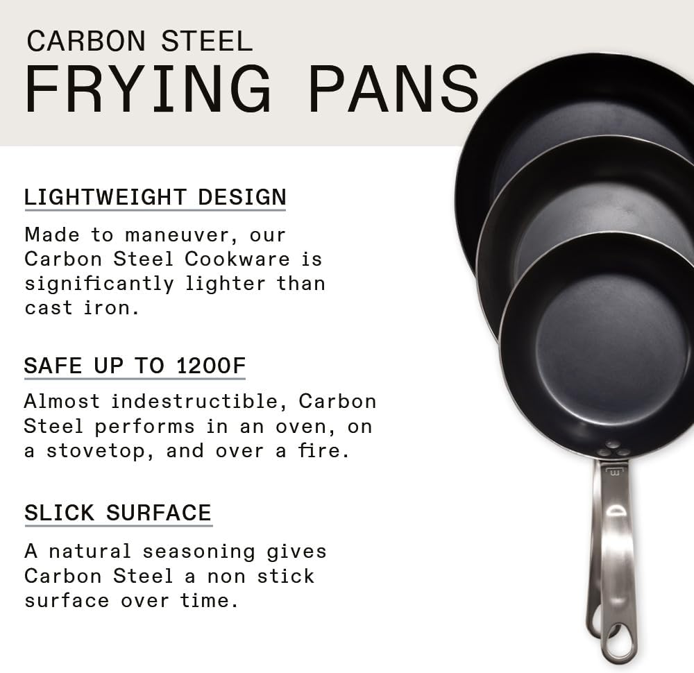 Made In Cookware - 3-Piece (Includes 8",10",12") Blue Carbon Steel Frying Pan Set - (Like Cast Iron, but Better) - Professional Cookware - Crafted In France - Induction Compatible
