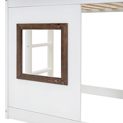 Twin-Over-Twin House Bunk Bed with Storage, Wooden Bunk Beds Frame with Staircase Compatible with, Teens, No Box Spring Needed(Gray+White) ，Queen Bed, YY-991