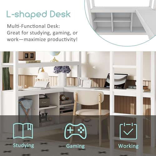 Linique Metal Loft Bed with Wardrobe & L-Shaped Desk - Sturdy Space-Saving Loft Bed Includes Storage Cubes, Shelves for Kids, Teens, Adults (White, Queen)
