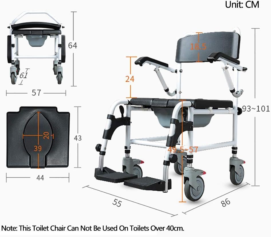 KOHARA Shower Bedside Commode Chair Padded Seat with Wheels,Commode Toilet Rolling Shower Chair with Casters and Pedal,Elderly Wheelchair