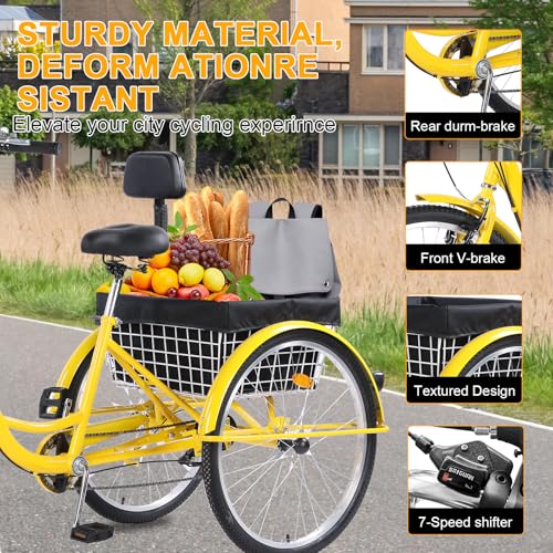 Versatile 24/26-Inch 3-Wheel Adult Tricycle with 7-Speed Gearing and Spacious Basket for Comfortable Riding and Storage for Recreation, Shopping, Picnics