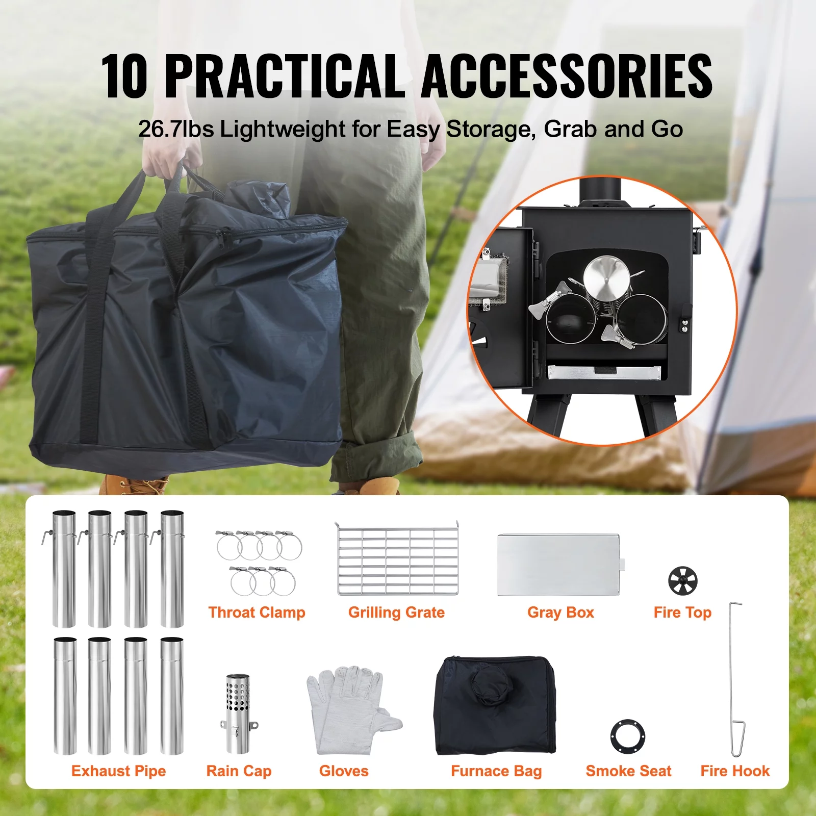 BENTISM Portable Wood Stove Camping Hot Tent BBQ Stove 86 in for Outdoor w/ Pipes