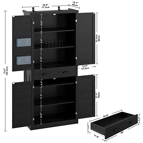 IRONCK Kitchen Pantry Storage Cabinet 72.6" H, with Barn Doors, Drawer, 4 Adjustable Shelves, Freestanding Cupboard for Dining Room Living Room, Laundry, White