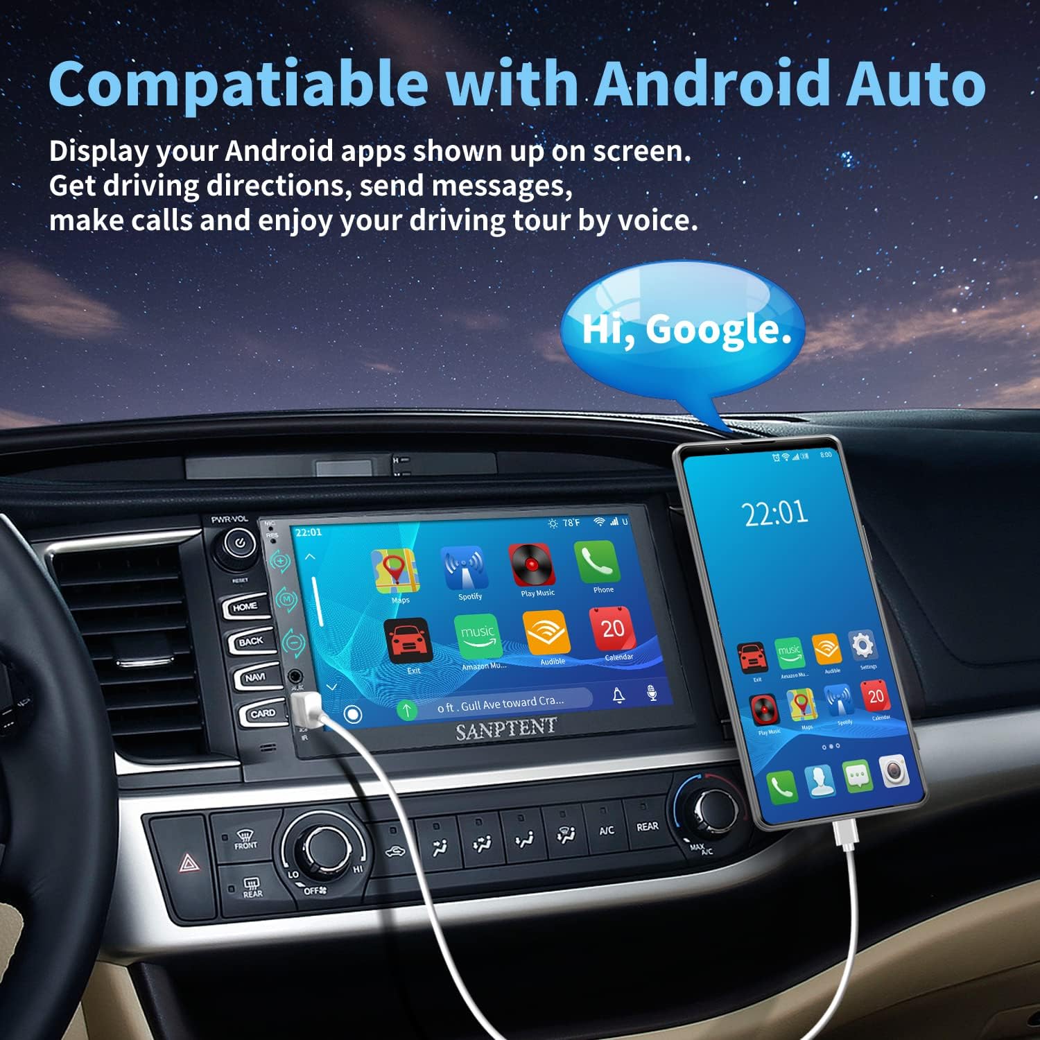 SANPTENT Double Din Car Stereo Compatible with Carplay and Android Auto, 7-Inch Touch Screen Car Stereo, Car Radio Receiver with Bluetooth, Rear View Camera, AM/FM/AUX Input, Screen Mirroring