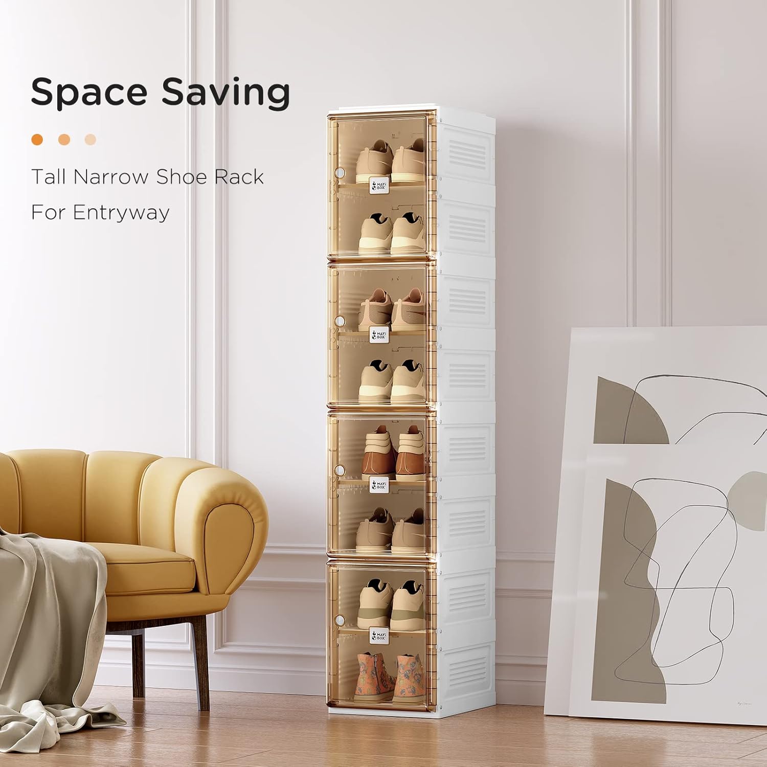 Shoe Organizer Storage Box, Portable Folding Shoe Rack for Closet with Magnetic Clear Door,Large Sneaker Cabinet Bins Sturdy Easy Assembly 10 Layers-20 Grids (Brown 8 Layers)